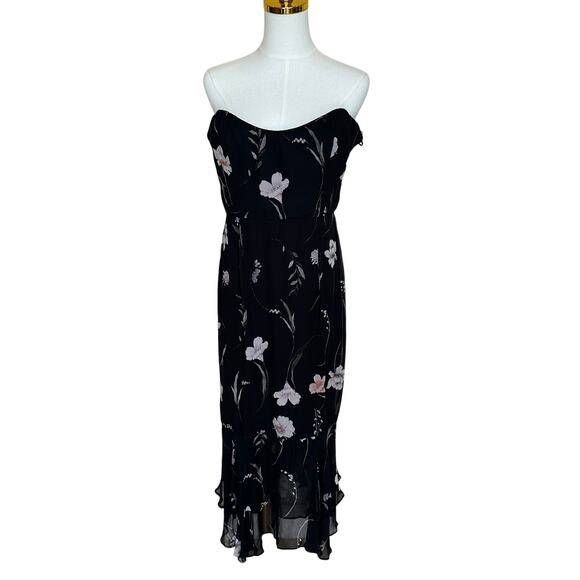 Katie May Black Floral Bustier Midi Dress LARGE Chiffon Strapless Cocktail $365 - Picture 6 of 9